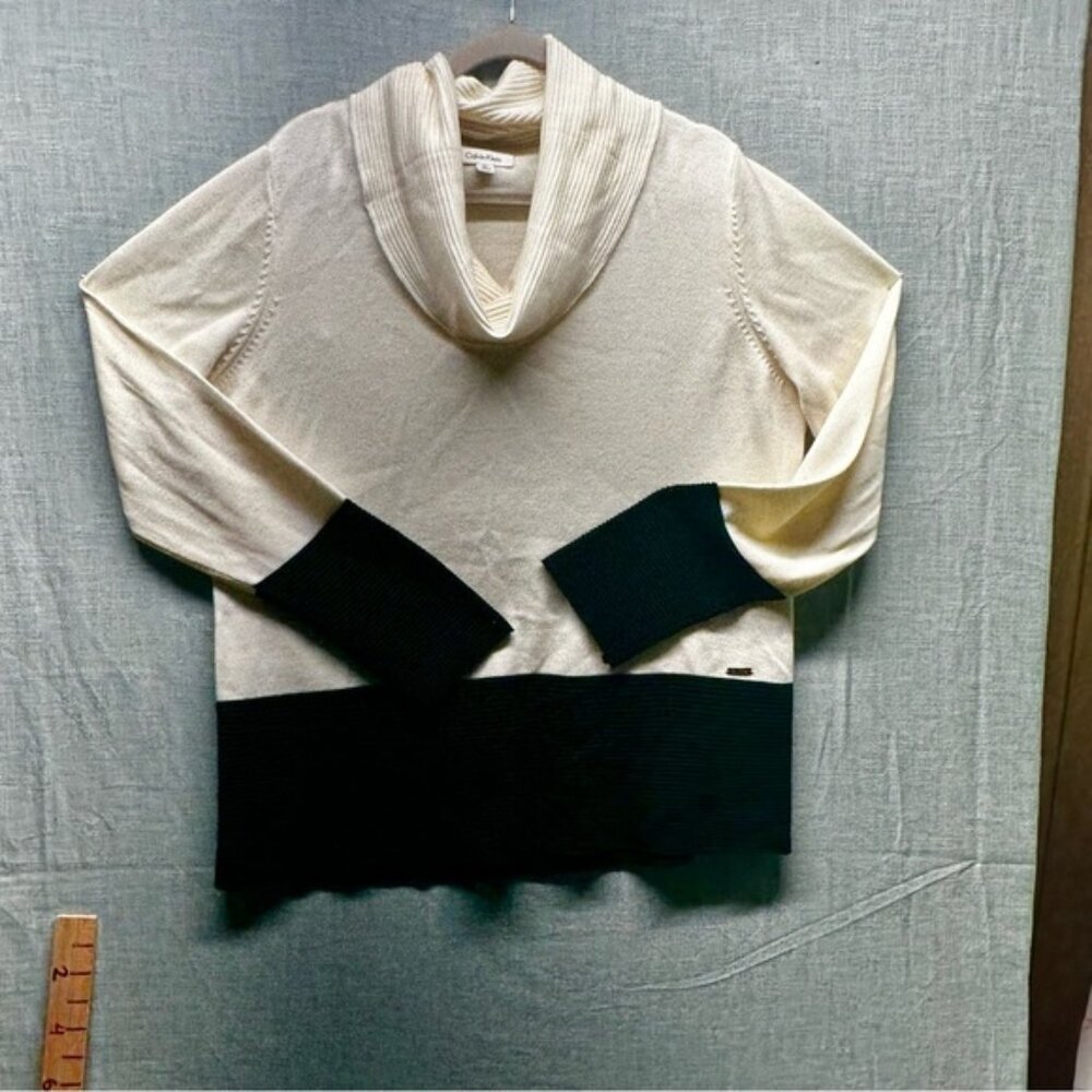 Calvin Klein XL Sweater Cowl Neck Colorblock Ivory Black Knit Pullover Top Women